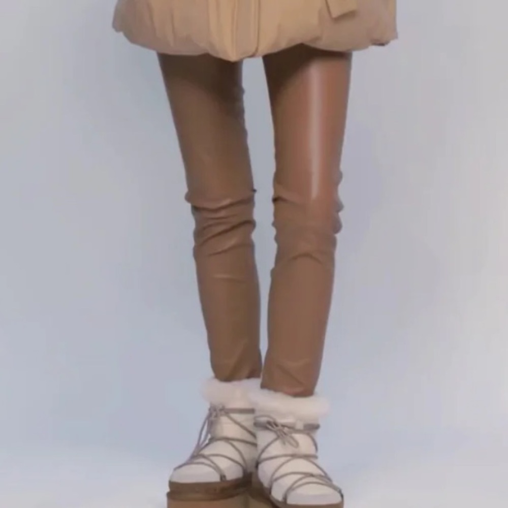 MAX & MOI PARIS STRETCH LAMBSKIN LEATHER RAW HEM PERLEGGING TROUSERS TAUPE SZ 36